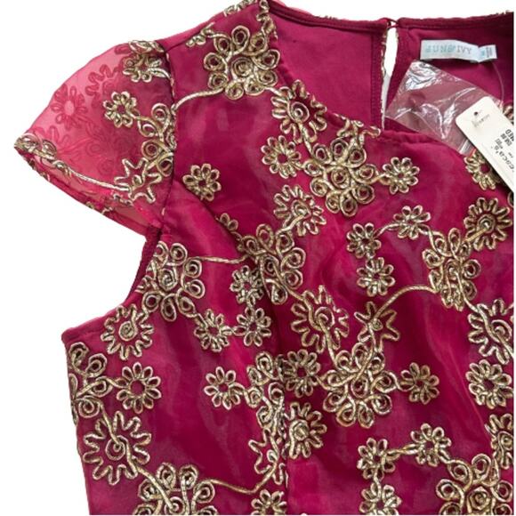 Jun Ivy Dress Berry Gold Floral Brocade Cap Sleeve Pleated Fit Flare Medium NEW - Picture 8 of 12